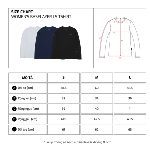 Bảng size TJO Baselayer Longsleeve Tshirt W
