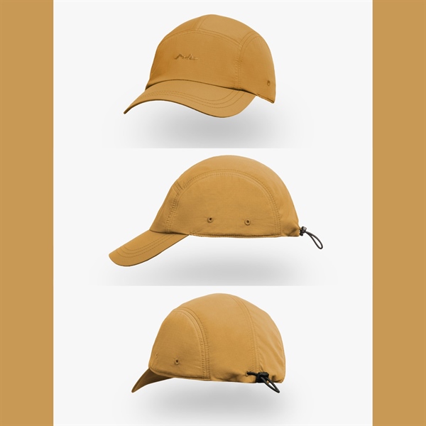 Mũ lưỡi trai 5 panel màu vàng mù tạt, ba góc chụp: trước, cạnh bên có lỗ thoáng và phía sau có dây rút