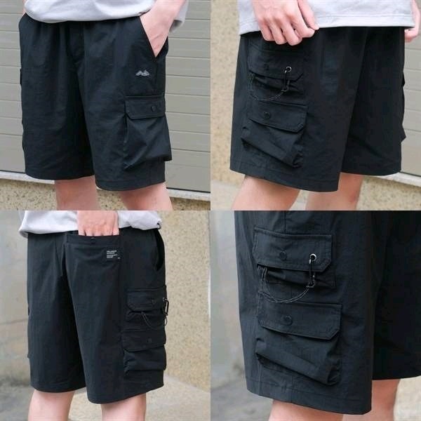 Ảnh ghép 4 góc người mặc quần short túi hộp đen, cận túi hộp nhiều ngăn có dây móc và nhãn nhỏ ở túi sau