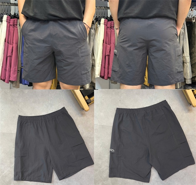 Quần short túi hộp xám than lưng thun, ảnh ghép 4 khung: mặc mặt trước, mặt sau và trải phẳng hai mặt