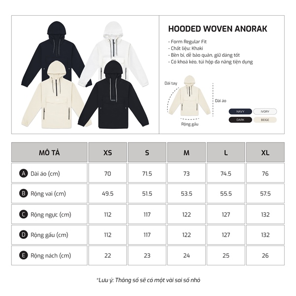 Bảng size TJO Hooded Woven Anorak